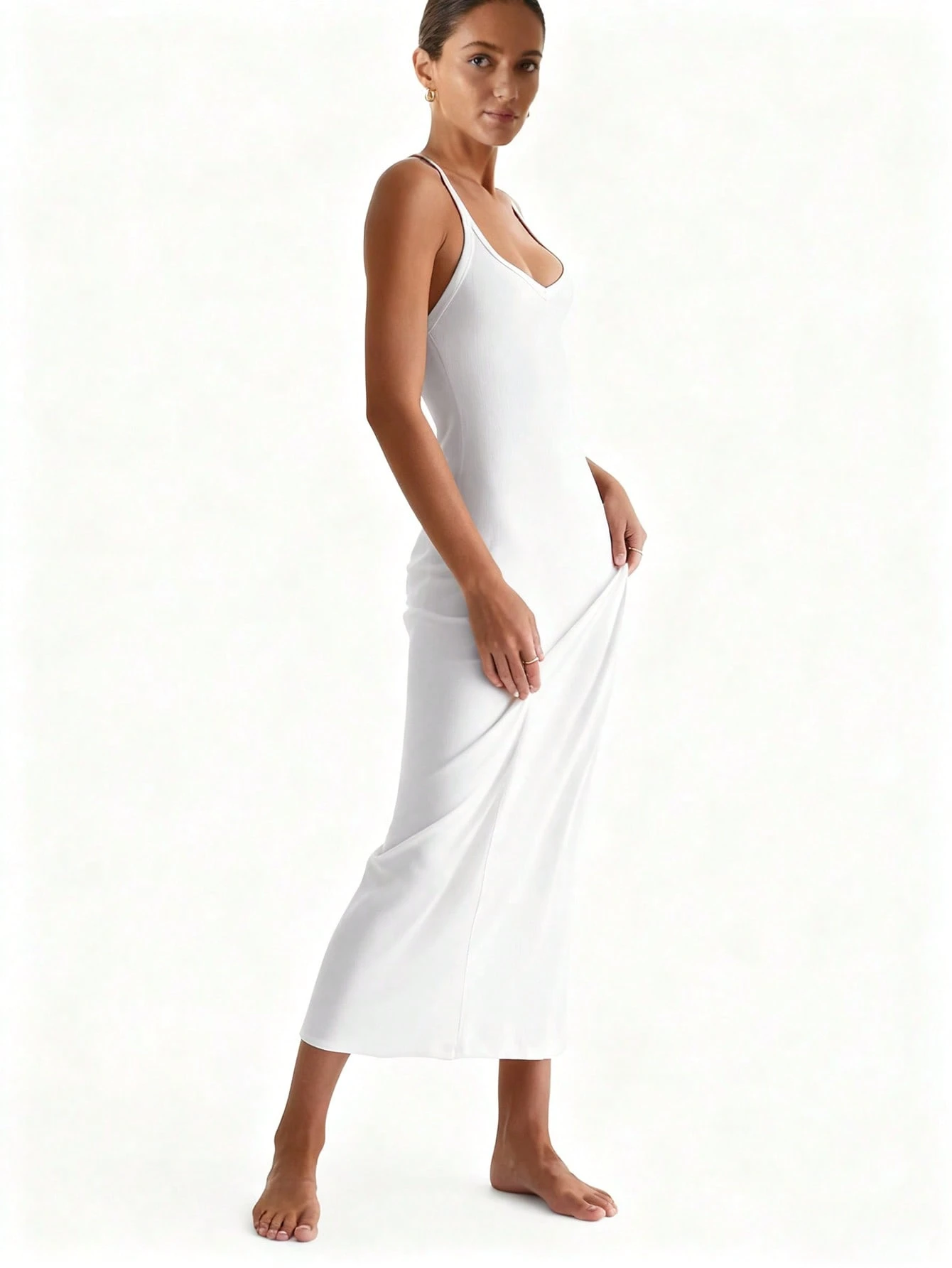Crossfit Event - White V-Neck Stretch Knit Midi Dress